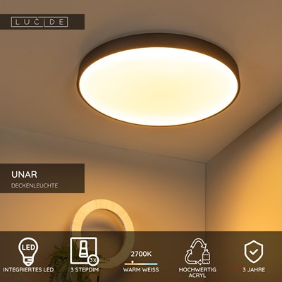 Lucide UNAR - Deckenleuchte - Ø 60 cm - LED 3 StepDim - 1x60W 2700K - Schwarz